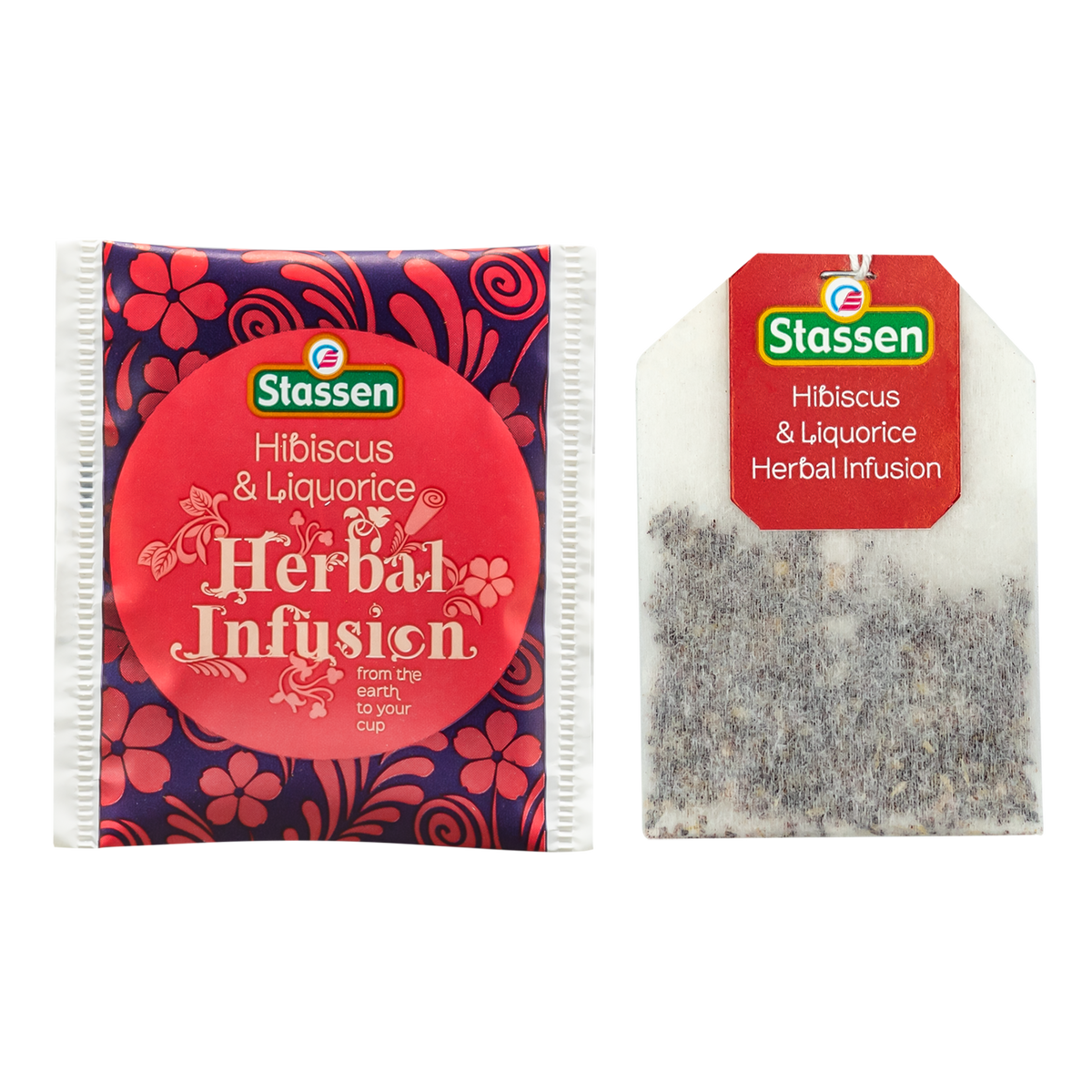 Koperta i torebka herbaty Hibiscus & Liquorice Stassen – ziołowa herbata bez kofeiny.