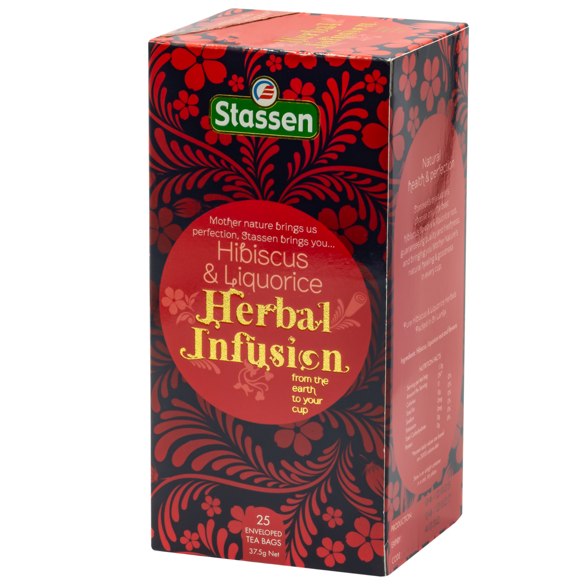 Lewy bok opakowania herbaty Hibiscus & Liquorice Stassen – informacje o naparze z hibiskusa.