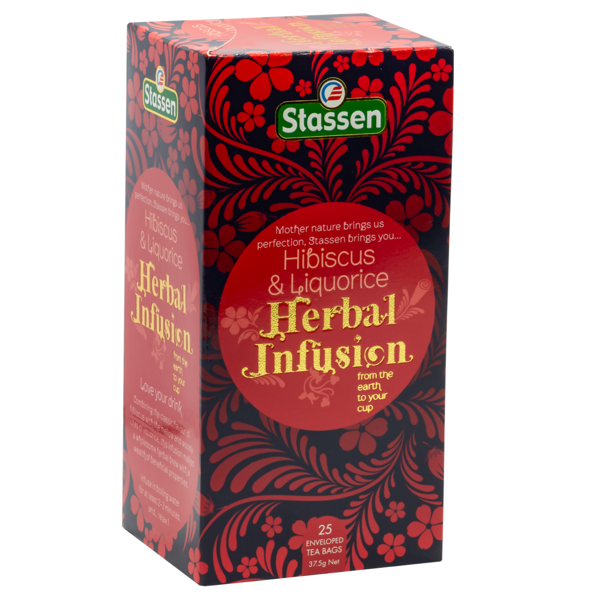 Prawy bok pudełka herbaty Hibiscus & Liquorice Stassen – ziołowa mieszanka Stassen z hibiskusem i lukrecją.