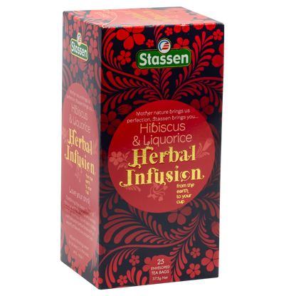 Prawy bok pudełka herbaty Hibiscus & Liquorice Stassen – ziołowa mieszanka Stassen z hibiskusem i lukrecją.