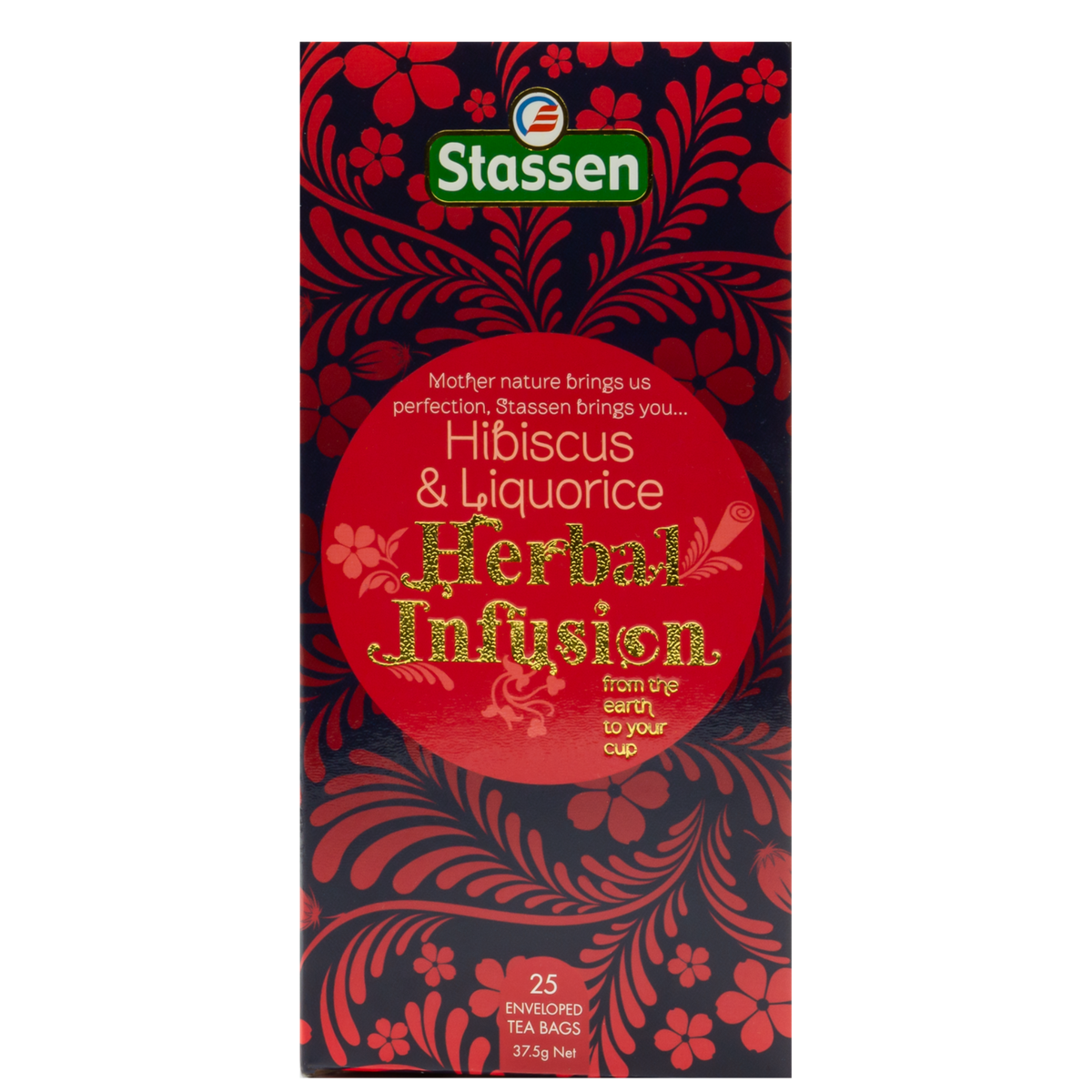 Pionowe pudełko herbaty Stassen Hibiscus & Liquorice – czerwone opakowanie z motywem kwiatowym.