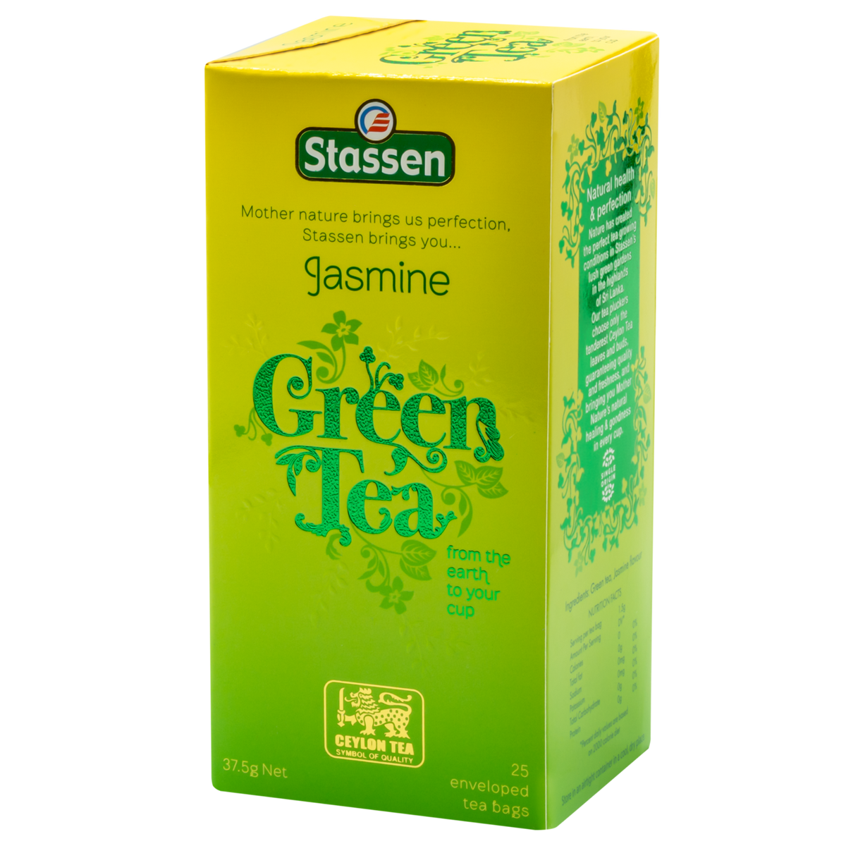 Boczne ujęcie opakowania herbaty Stassen Jasmine Green Tea – szczegóły produktu.