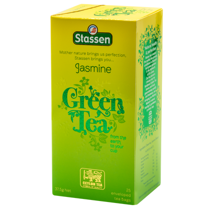 Boczne ujęcie opakowania herbaty Stassen Jasmine Green Tea – szczegóły produktu.