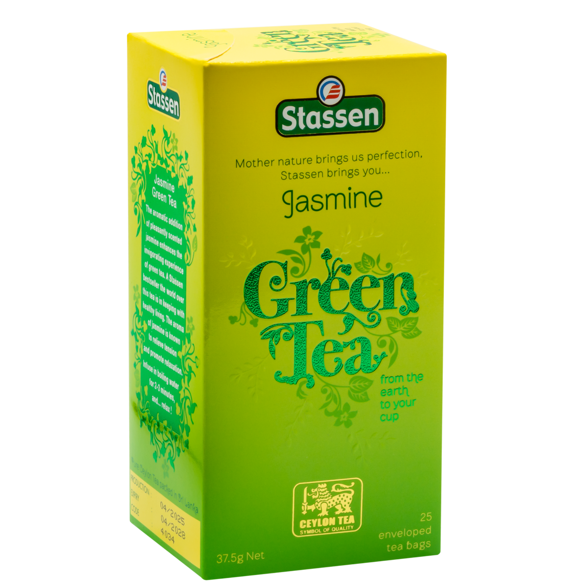 Opakowanie herbaty Stassen Jasmine Green Tea z boku – zielona herbata jaśminowa cejlońska.
