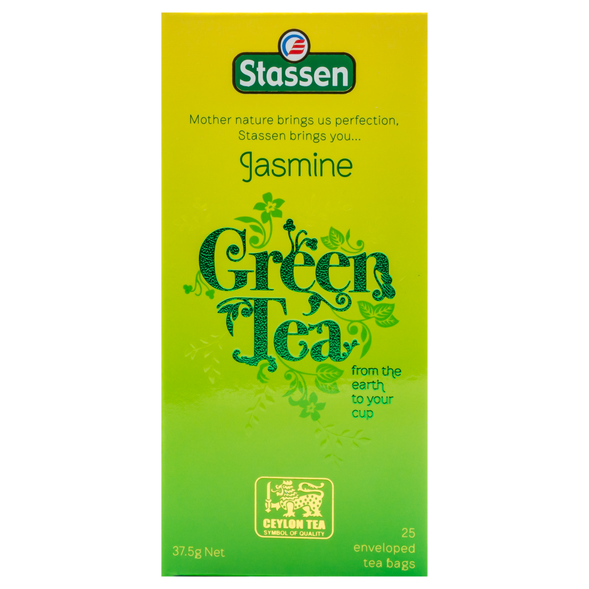 Pionowe pudełko Stassen Jasmine Green Tea – elegancka herbata jaśminowa w kopertach.