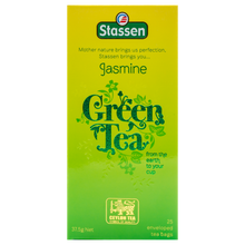 Pionowe pudełko Stassen Jasmine Green Tea – elegancka herbata jaśminowa w kopertach.