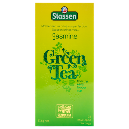 Pionowe pudełko Stassen Jasmine Green Tea – elegancka herbata jaśminowa w kopertach.