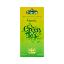 Pionowe pudełko Stassen Jasmine Green Tea – elegancka herbata jaśminowa w kopertach.