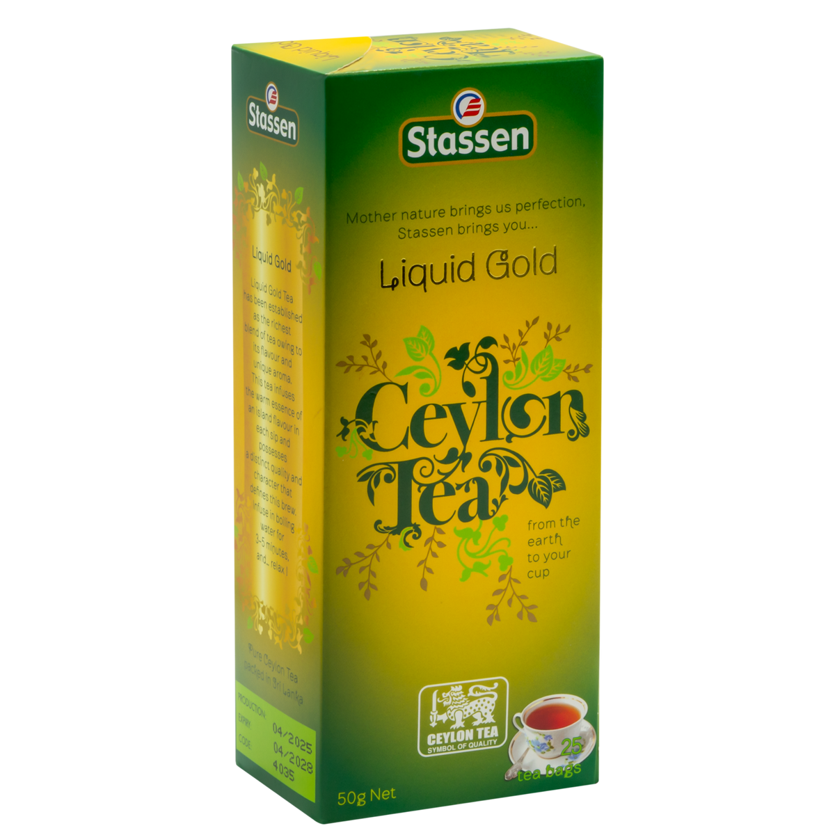 Boczne ujęcie opakowania herbaty Stassen Liquid Gold Tea – wysokiej jakości czarna herbata.