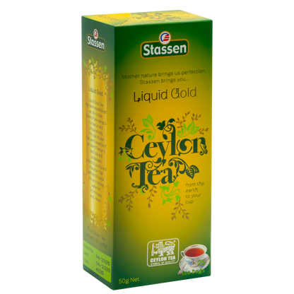 Boczne ujęcie opakowania herbaty Stassen Liquid Gold Tea – wysokiej jakości czarna herbata.