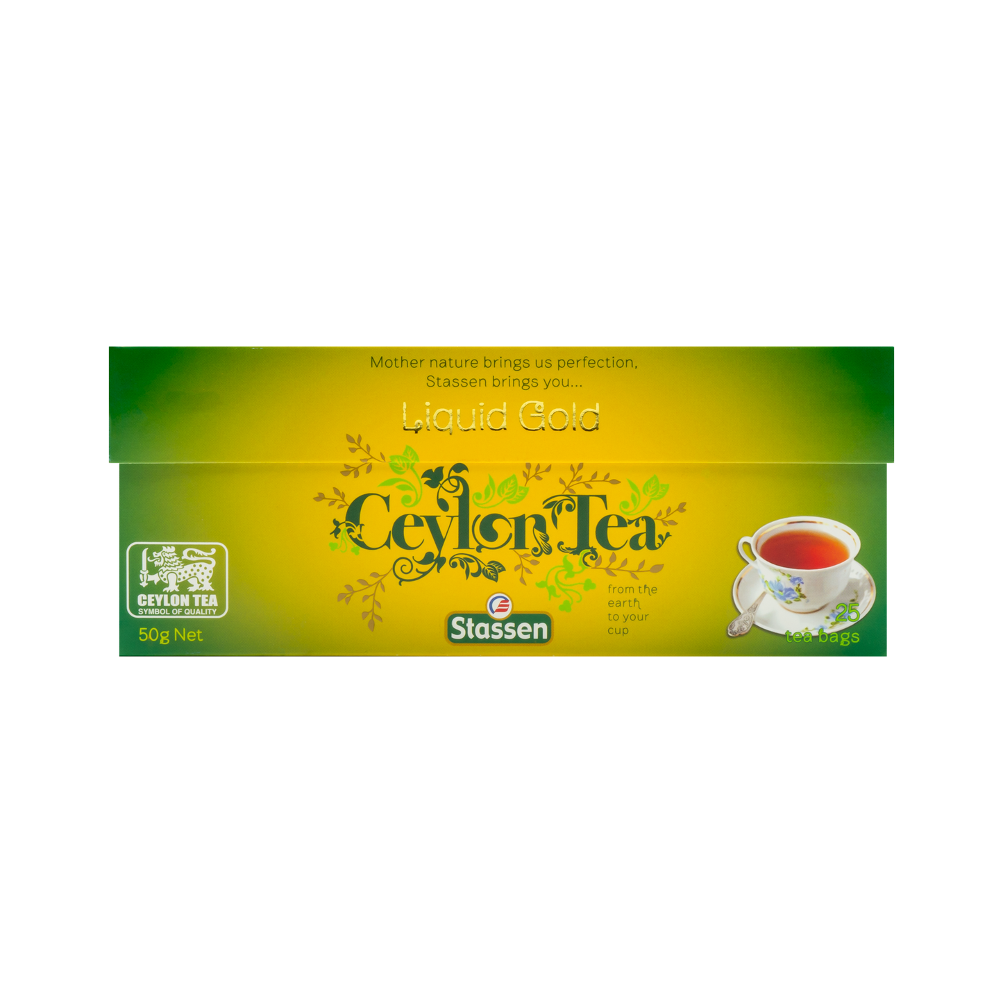 Opakowanie herbaty Stassen Liquid Gold Tea – klasyczna czarna herbata w kopertach.