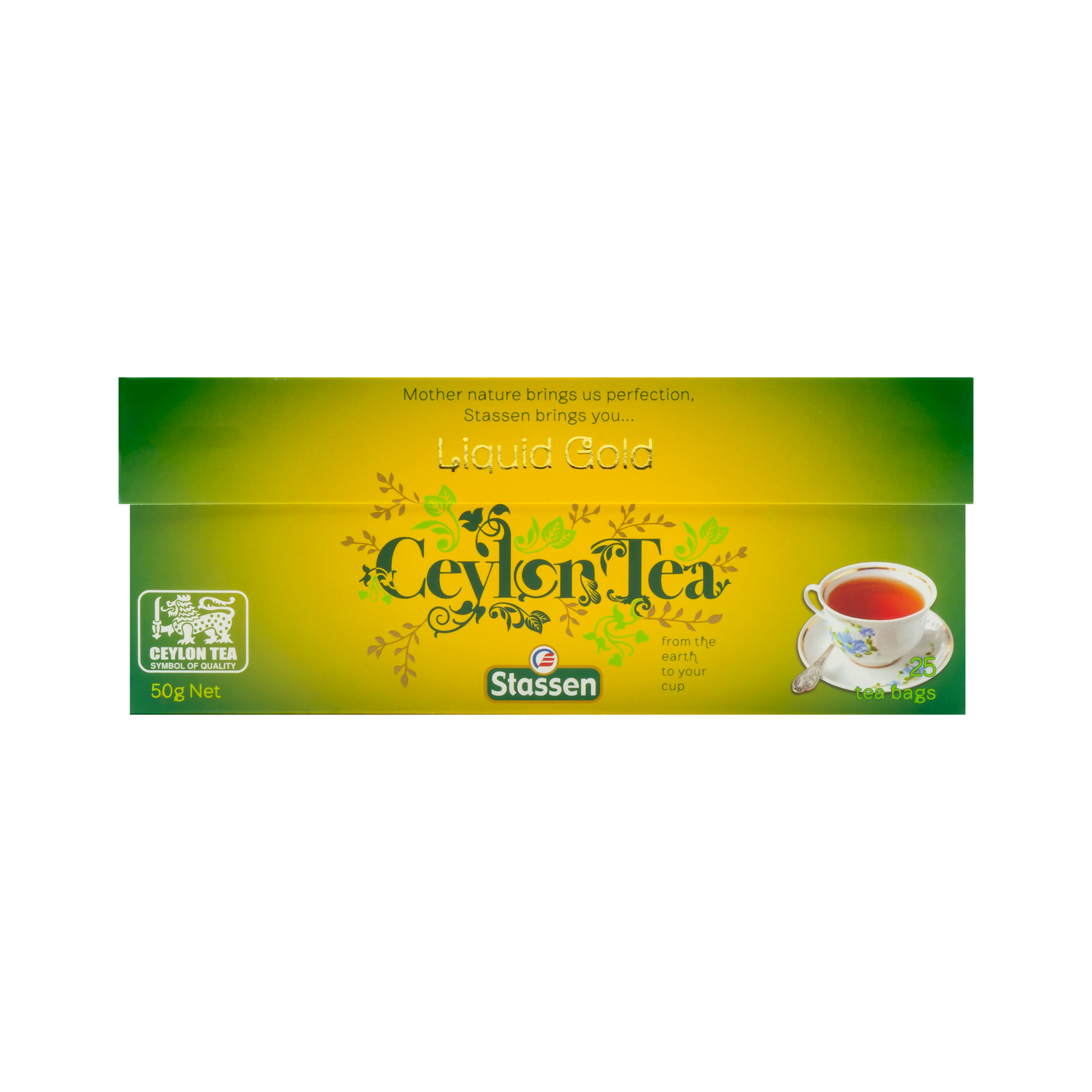 Opakowanie herbaty Stassen Liquid Gold Tea – klasyczna czarna herbata w kopertach.