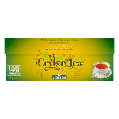Opakowanie herbaty Stassen Liquid Gold Tea – klasyczna czarna herbata w kopertach.