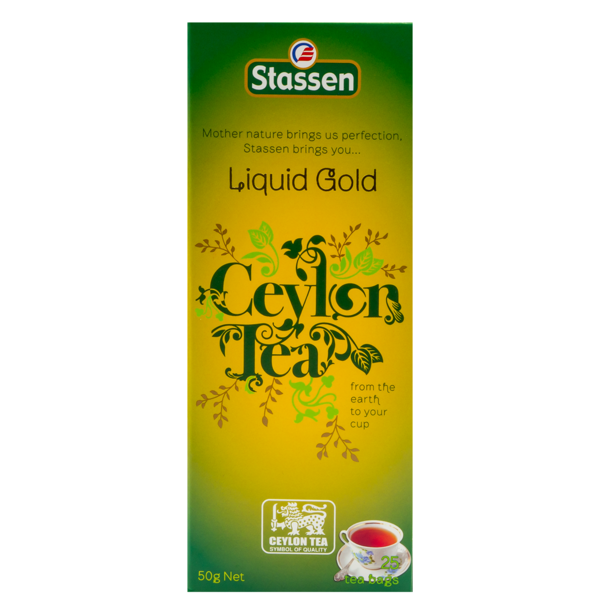 Opakowanie herbaty Stassen Liquid Gold Tea z filiżanką naparu – aromatyczna herbata cejlońska.