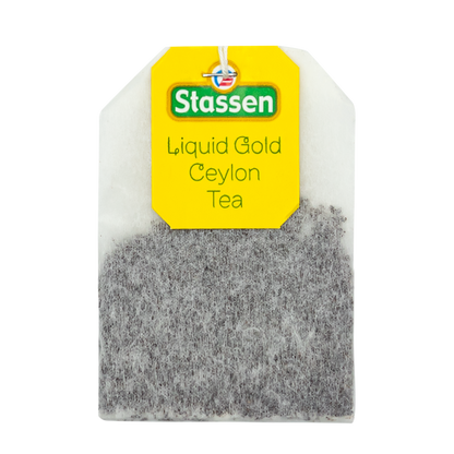 Torebka herbaty Stassen Liquid Gold Tea z żółtą etykietą – czarna herbata cejlońska.