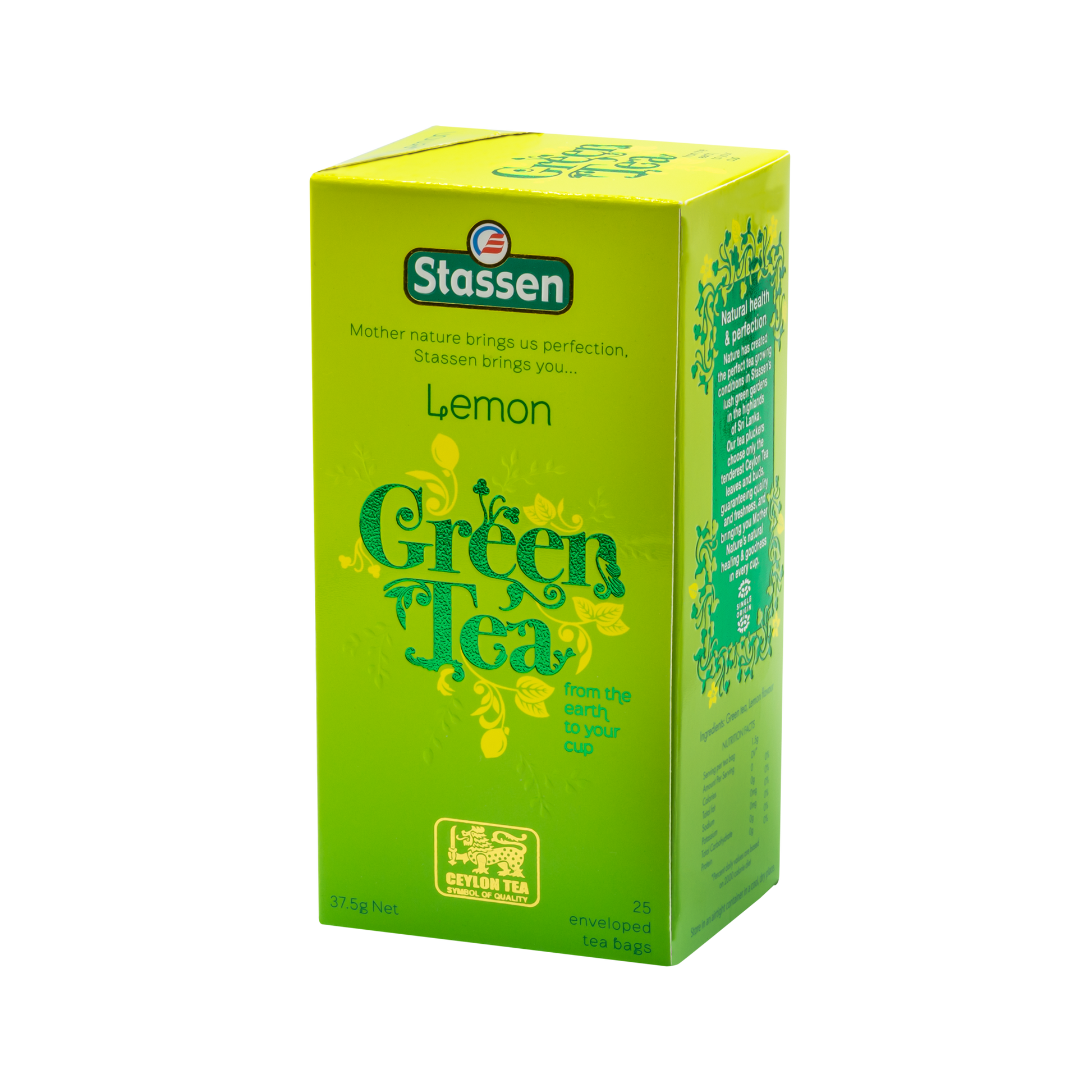 Lewy bok opakowania herbaty Stassen Lemon Green Tea – skład i informacje o produkcie.