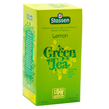 Prawy bok pudełka Stassen Lemon Green Tea – orzeźwiająca zielona herbata z cytryną.