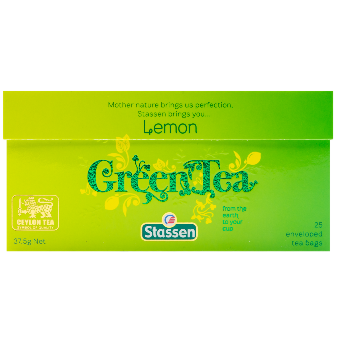 Opakowanie frontowe Stassen Lemon Green Tea – zielone pudełko z napisem Green Tea.
