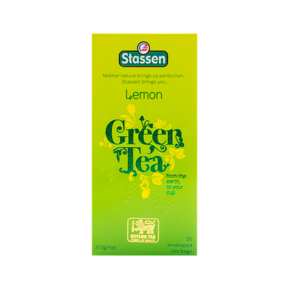 Pionowe opakowanie herbaty Stassen Lemon Green Tea – cejlońska herbata z cytrynowym aromatem.
