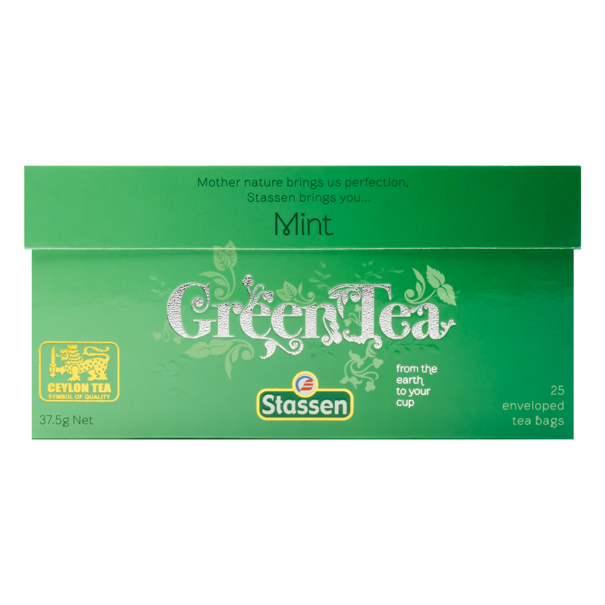Opakowanie frontowe Stassen Mint Green Tea – zielone pudełko z napisem Green Tea.