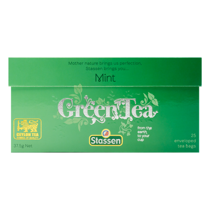 Opakowanie frontowe Stassen Mint Green Tea – zielone pudełko z napisem Green Tea.