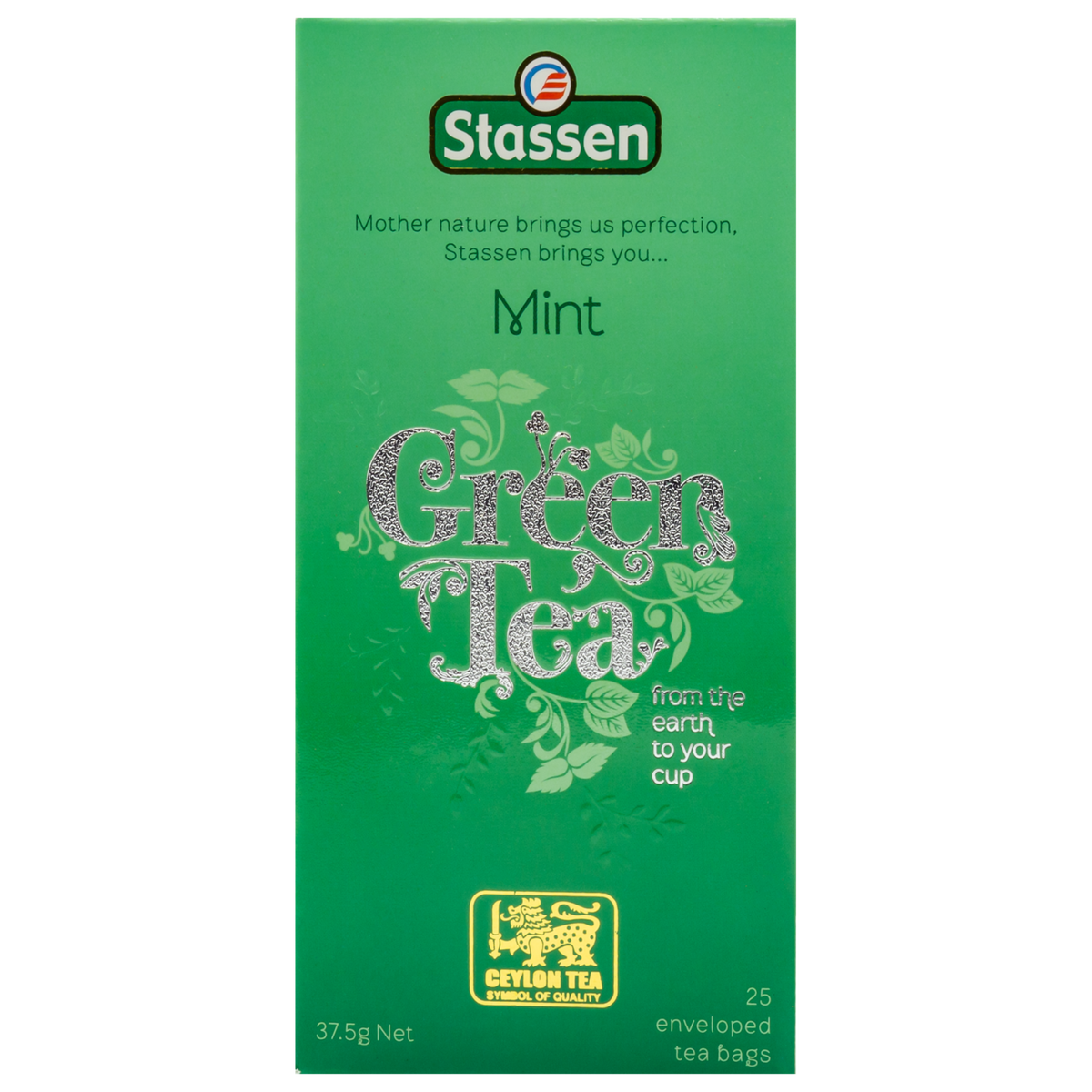 Pionowe opakowanie herbaty Stassen Mint Green Tea – cejlońska herbata z dodatkiem mięty.