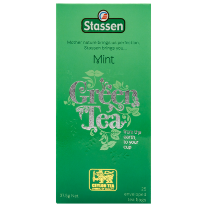 Pionowe opakowanie herbaty Stassen Mint Green Tea – cejlońska herbata z dodatkiem mięty.