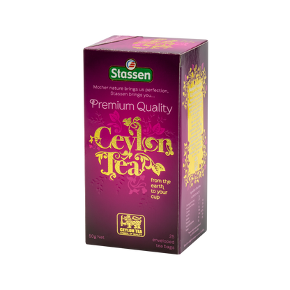 Lewy bok pudełka Stassen Premium Quality Ceylon Tea – opis produktu i skład.