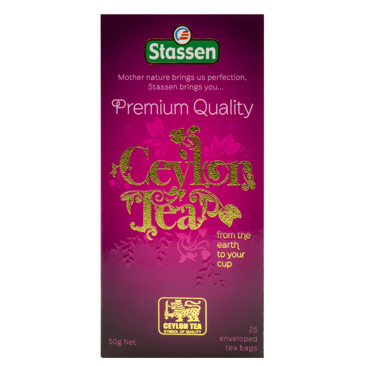 Pionowe opakowanie herbaty Stassen Premium Quality Ceylon Tea – herbata czarna o głębokim aromacie.