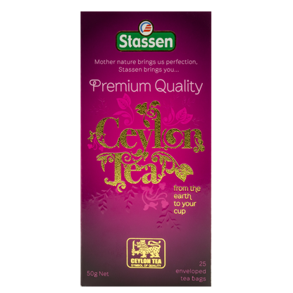 Pionowe opakowanie herbaty Stassen Premium Quality Ceylon Tea – herbata czarna o głębokim aromacie.