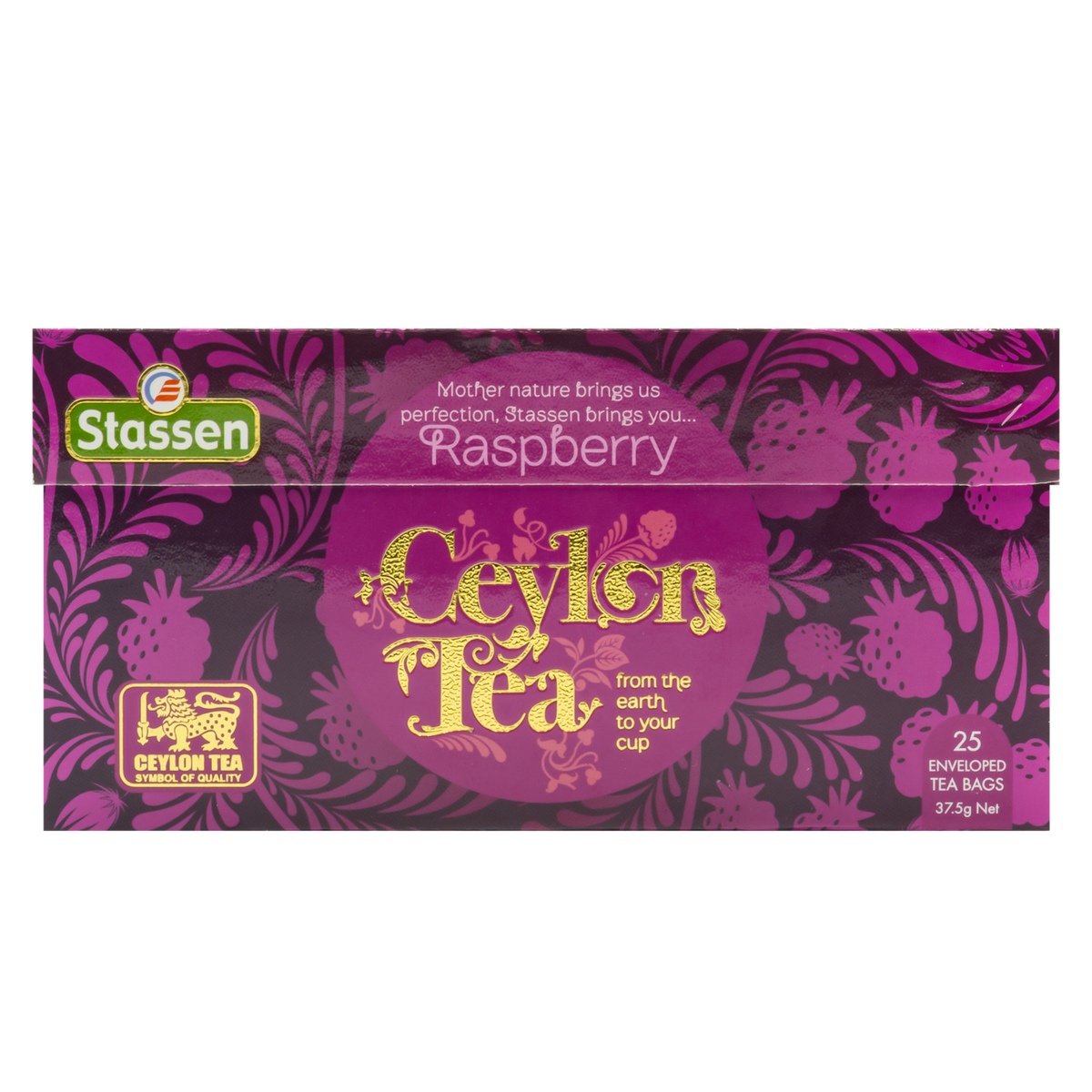 Opakowanie frontowe Stassen Raspberry Ceylon Tea – intensywnie malinowe pudełko z napisem Ceylon Tea.