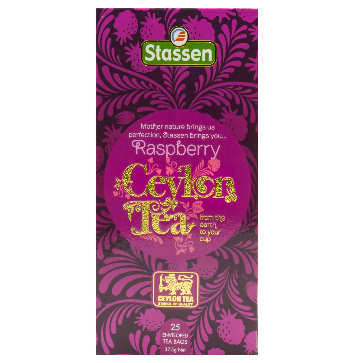 Pionowe opakowanie Stassen Raspberry Tea – czarna herbata z owocową nutą.