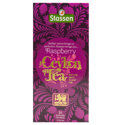 Pionowe opakowanie Stassen Raspberry Tea – czarna herbata z owocową nutą.