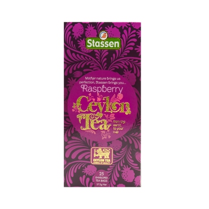 Pionowe opakowanie Stassen Raspberry Tea – czarna herbata z owocową nutą.