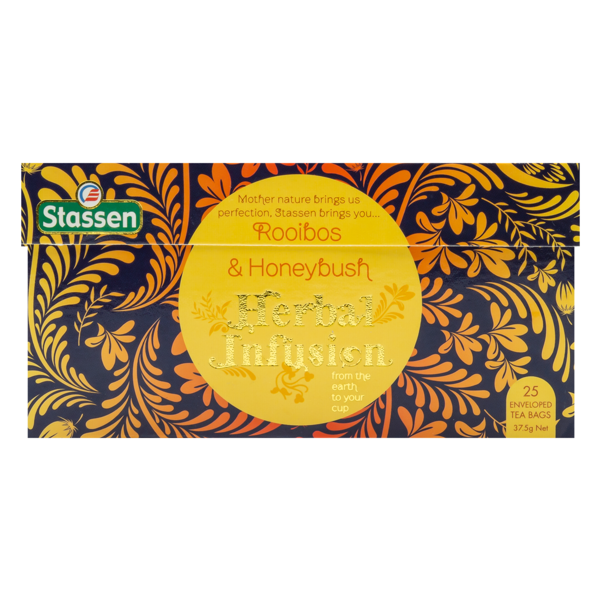 Opakowanie frontowe Stassen Rooibos & Honeybush – ziołowa herbata o miodowym aromacie.