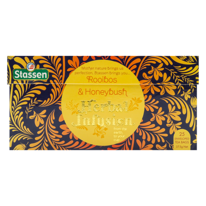 Opakowanie frontowe Stassen Rooibos & Honeybush – ziołowa herbata o miodowym aromacie.