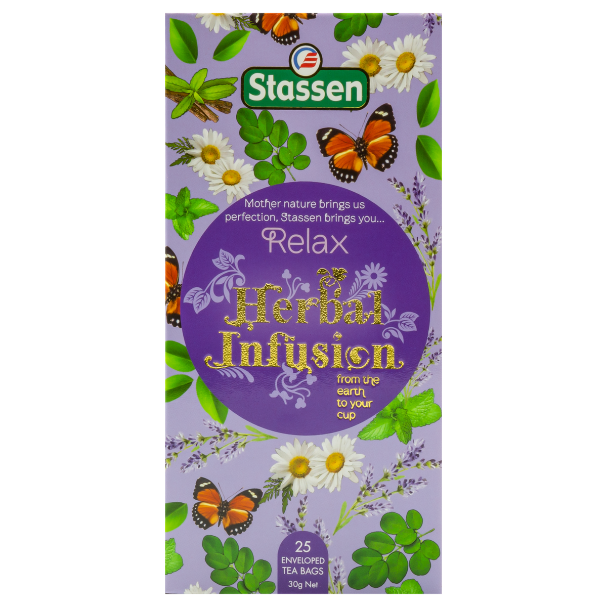 Pionowe opakowanie Stassen Relax Herbal Infusion – delikatny napar z ziół uspokajających.