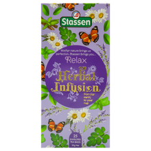 Pionowe opakowanie Stassen Relax Herbal Infusion – delikatny napar z ziół uspokajających.