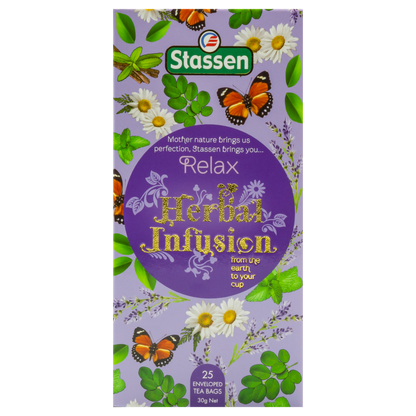 Pionowe opakowanie Stassen Relax Herbal Infusion – delikatny napar z ziół uspokajających.