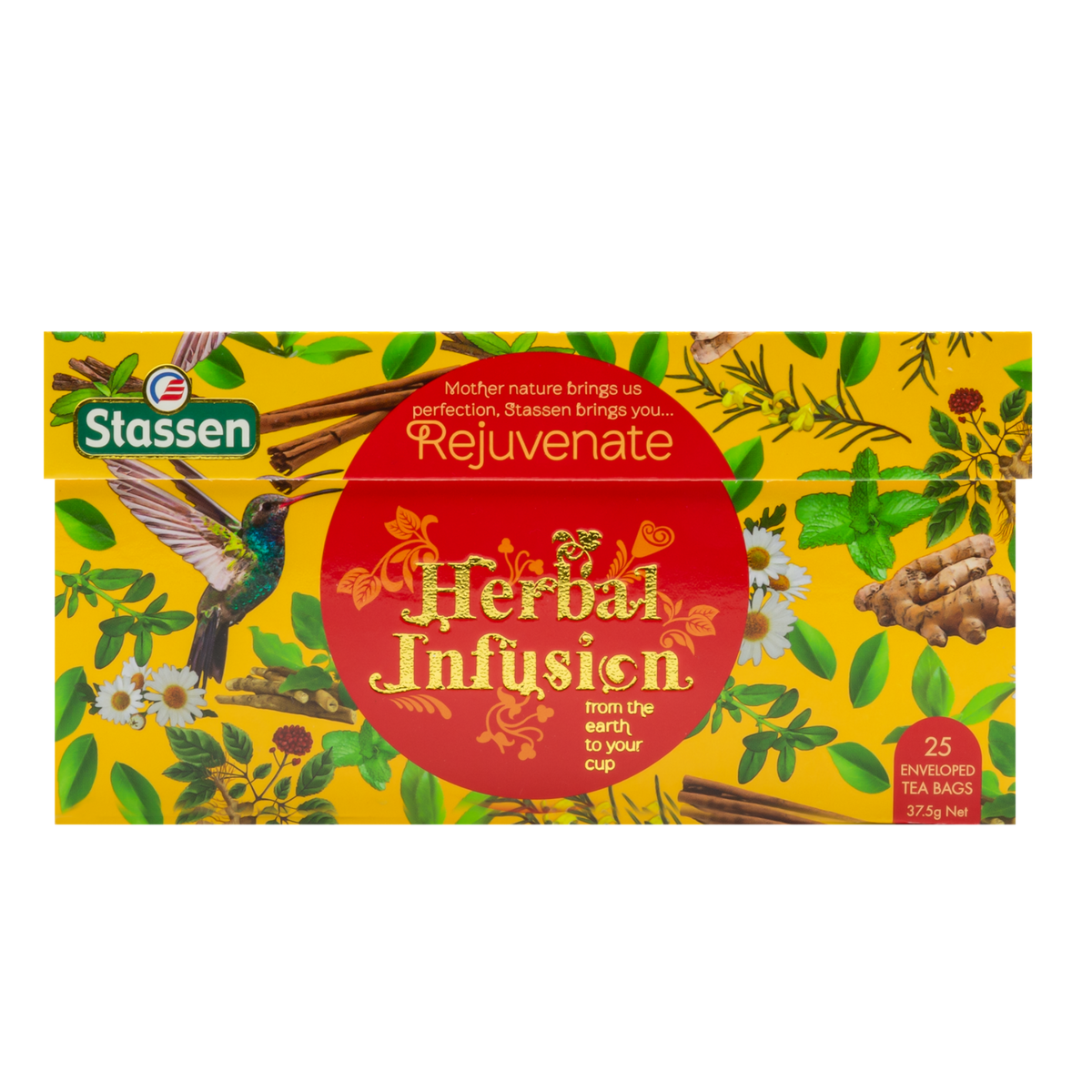 Pudełko herbaty Stassen Rejuvenate Herbal Infusion z motywem ziół i kolibra.