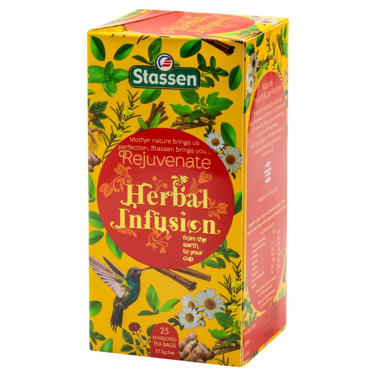 Boczne ujęcie pudełka herbaty ziołowej Stassen Rejuvenate Herbal Infusion marki Stassen.