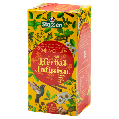 Boczne ujęcie pudełka herbaty ziołowej Stassen Rejuvenate Herbal Infusion marki Stassen.