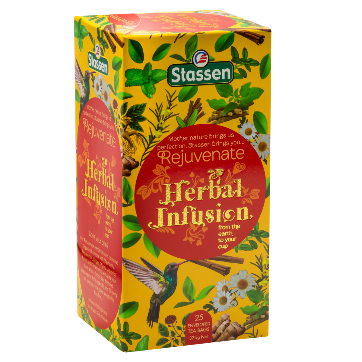Ujęcie z prawej strony pudełka herbaty Stassen Rejuvenate Herbal Infusion z widocznymi detalami graficznymi.