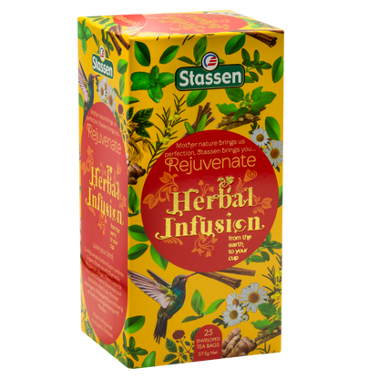 Ujęcie z prawej strony pudełka herbaty Stassen Rejuvenate Herbal Infusion z widocznymi detalami graficznymi.