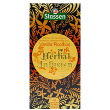 Widok z góry na pudełko herbaty ziołowej Stassen Vanilla Rooibos Herbal Infusion.