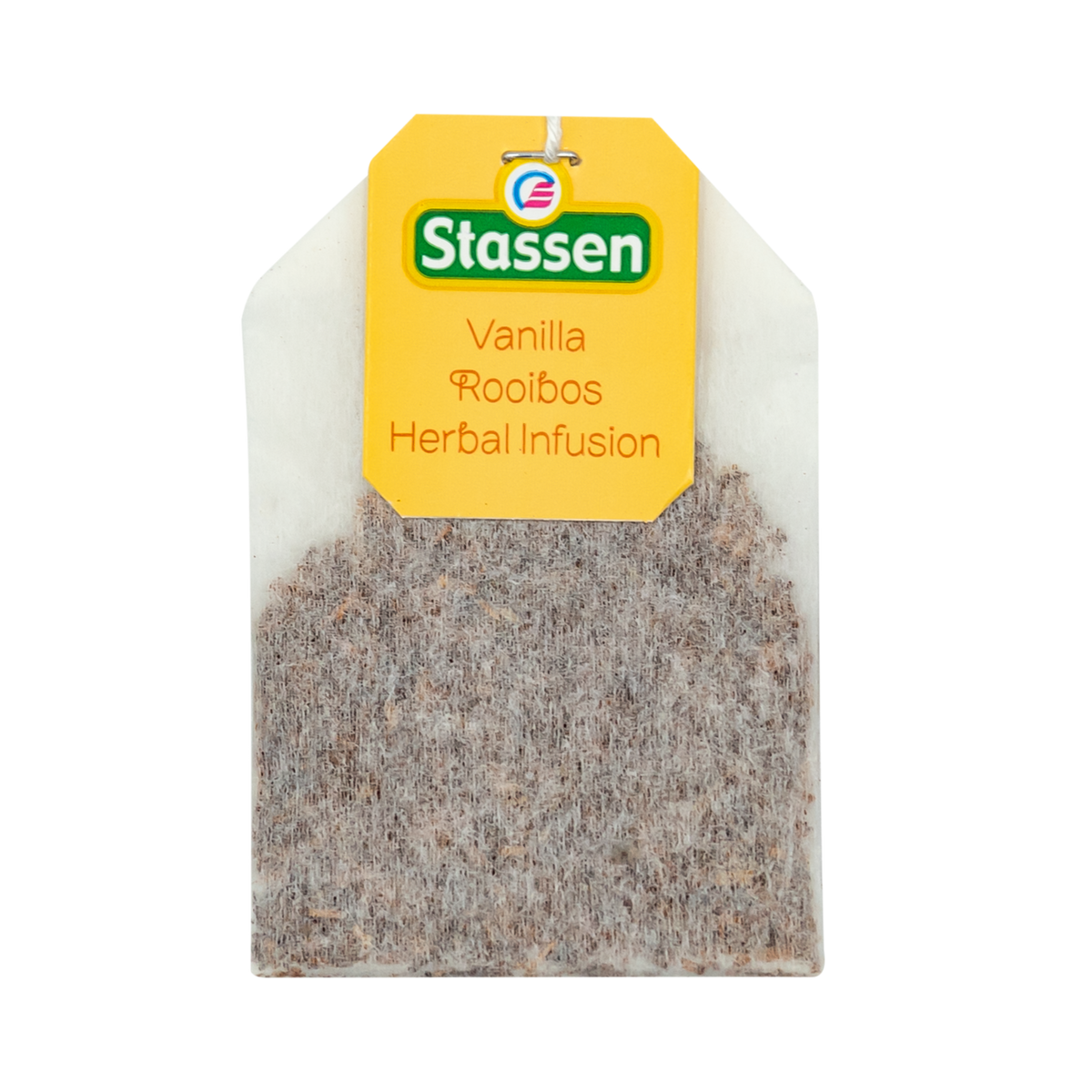 Torebka herbaty Stassen Vanilla Rooibos Herbal Infusion z żółtą etykietą.