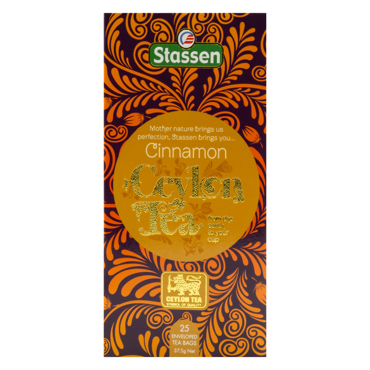 Widok z góry na pudełko herbaty Stassen Cinnamon Tea z ozdobnym motywem.
