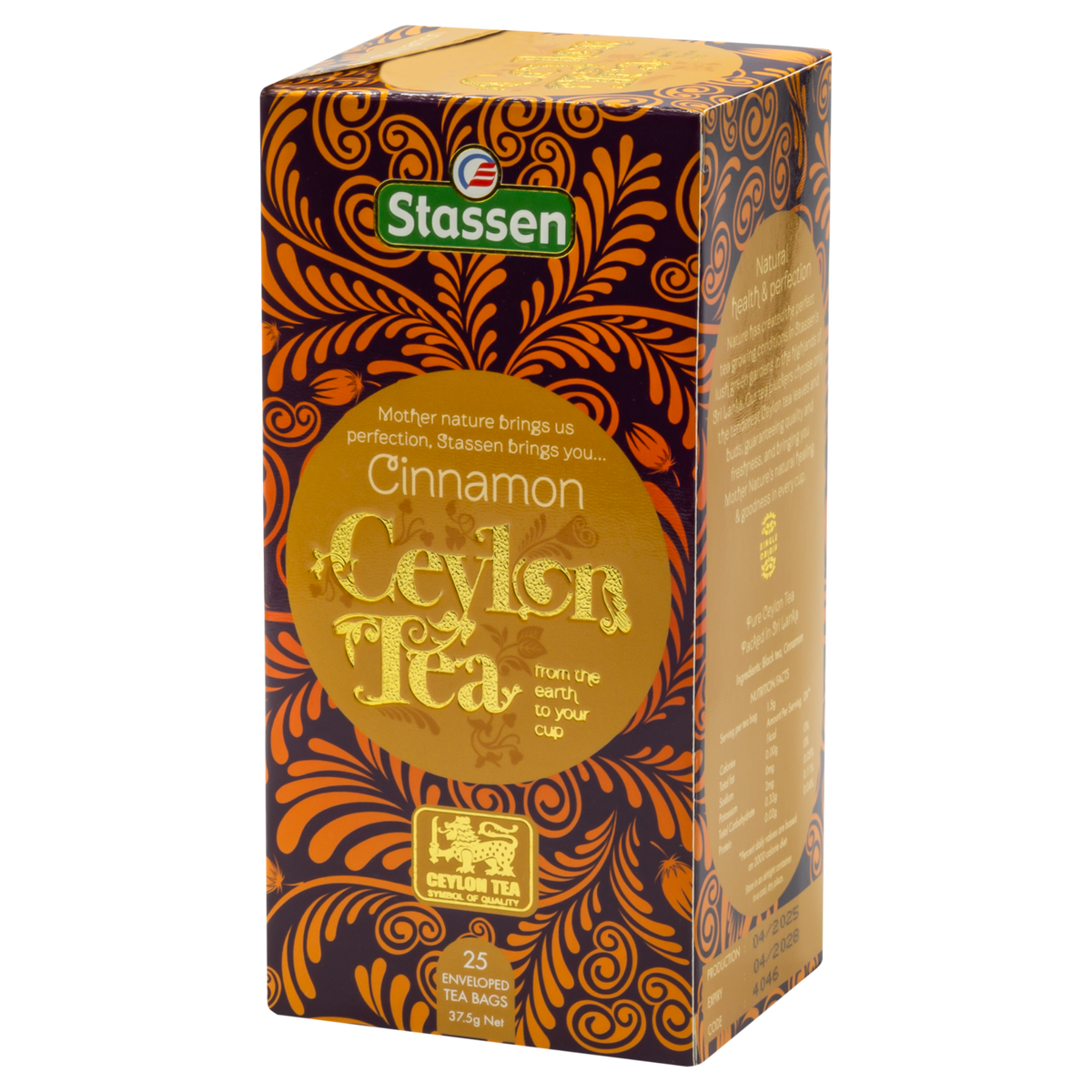 Bok opakowania herbaty Stassen Cinnamon Ceylon Tea z informacjami o produkcie.