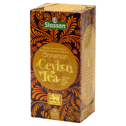Bok opakowania herbaty Stassen Cinnamon Ceylon Tea z informacjami o produkcie.