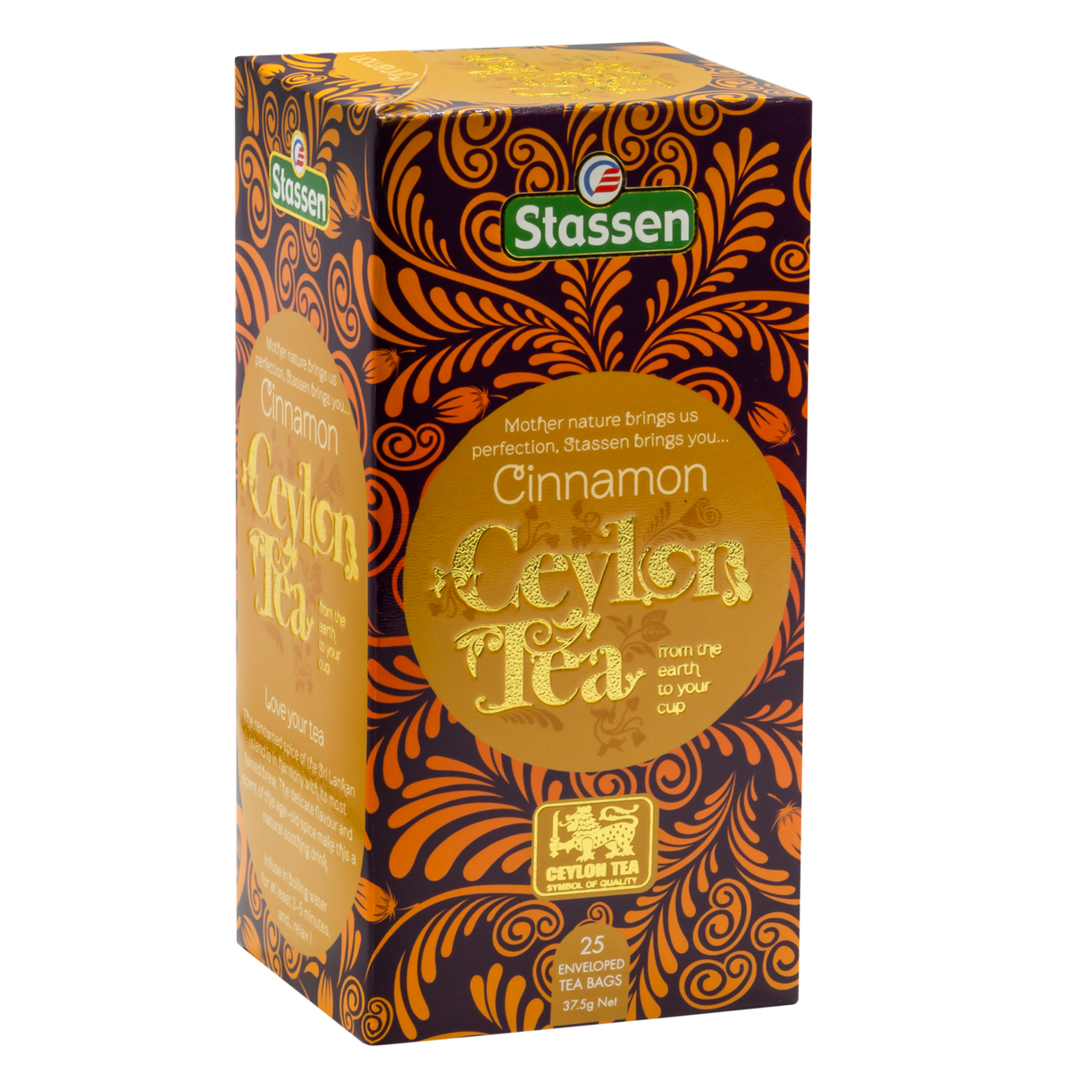 Front opakowania herbaty Stassen Cinnamon Ceylon Tea w odcieniach złota i brązu.